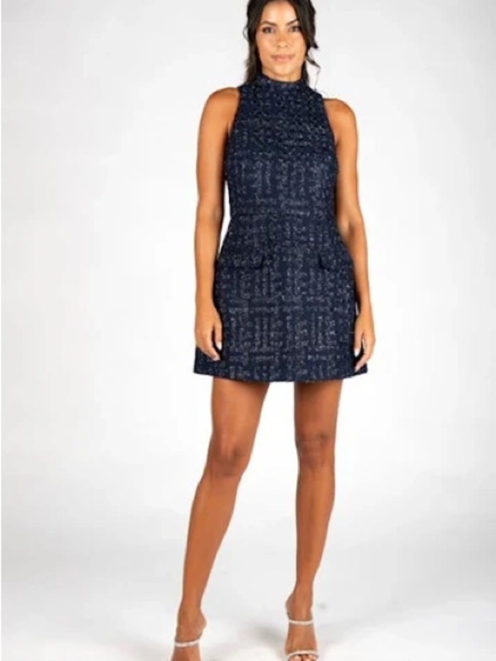 Sincerely Ours Darcy Navy Tweed Mock Neck Mini Dress Size L NWOT
